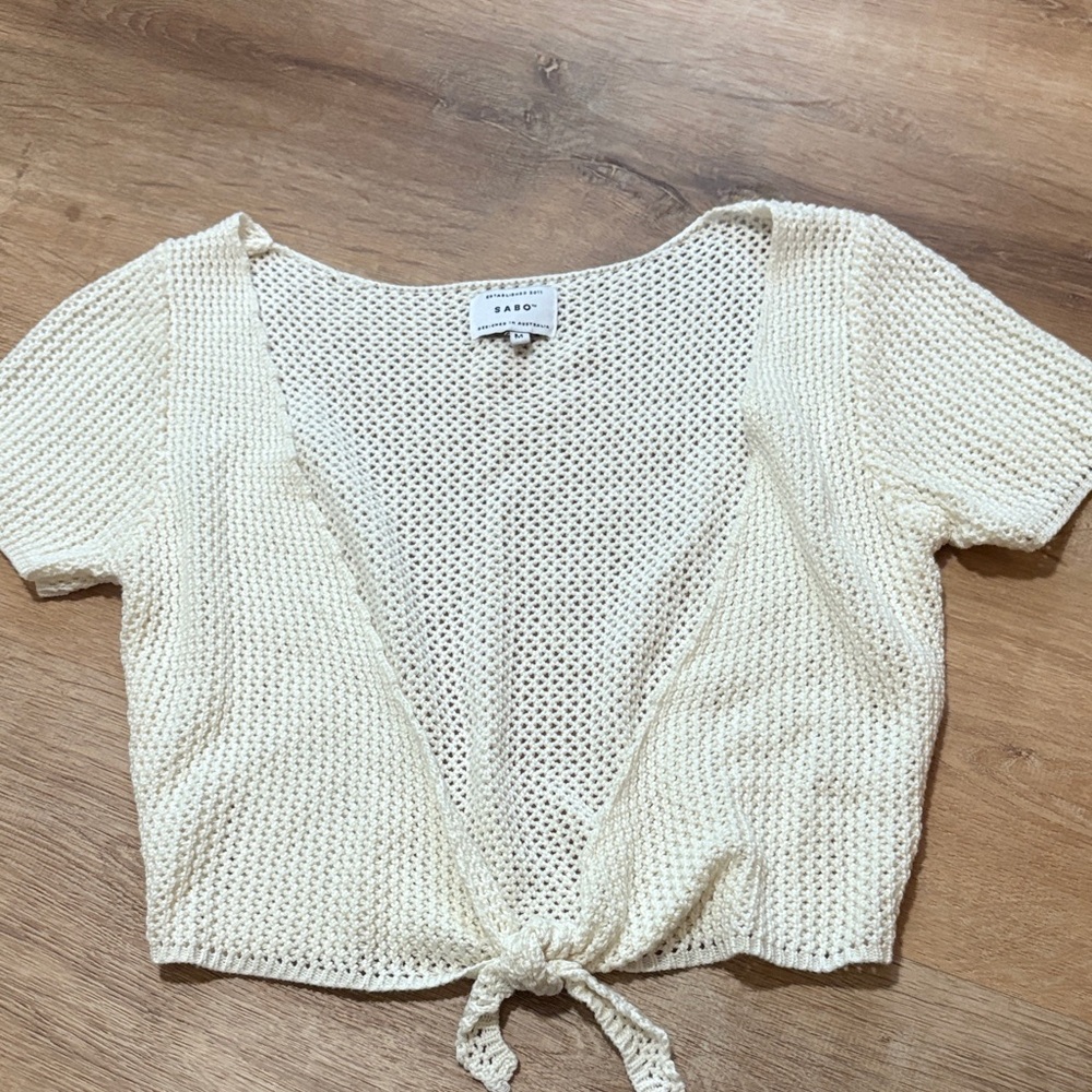 SABO Skirt Crochet Cream Tie Front Cardigan Sweater Medium